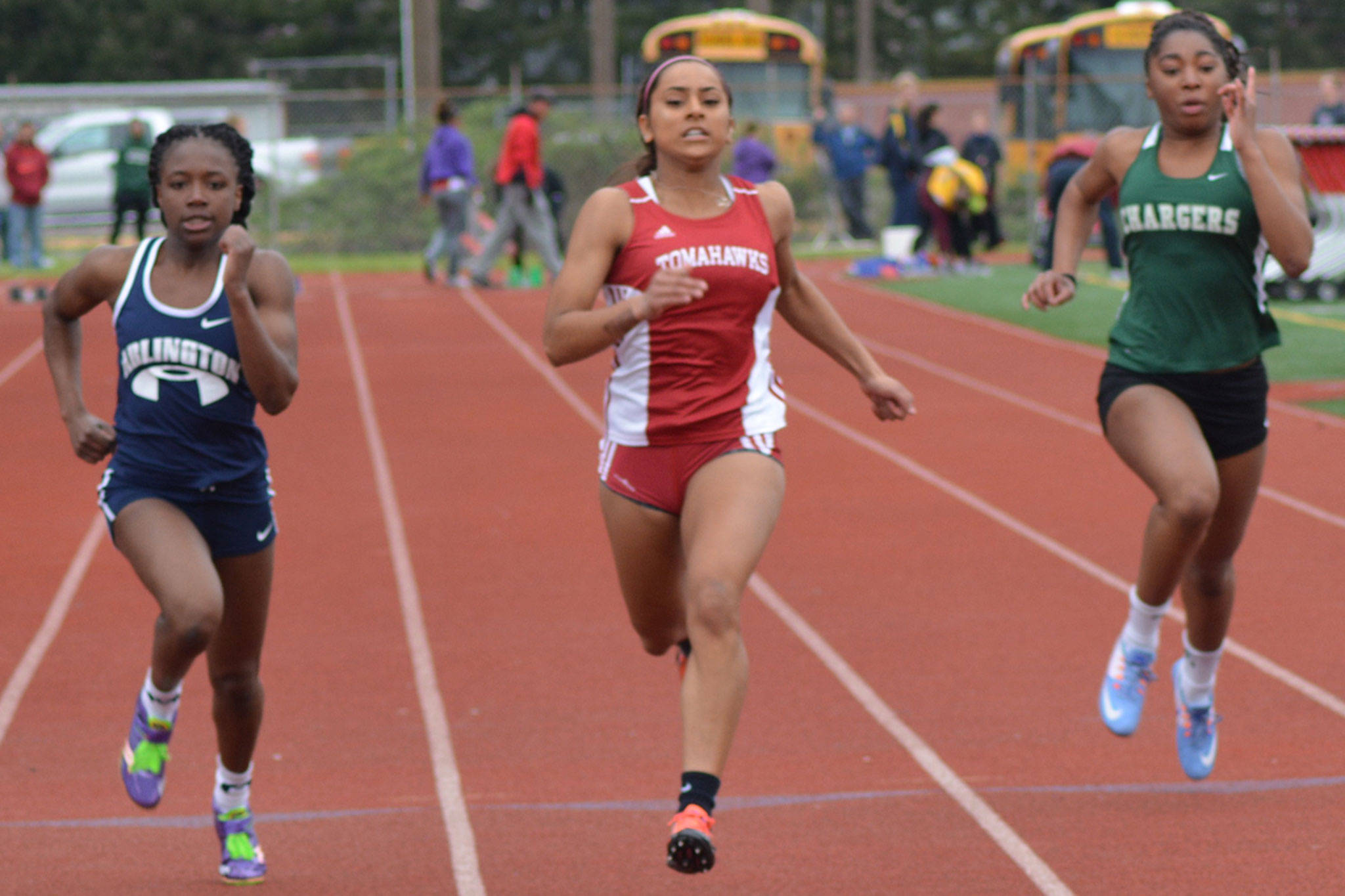 Trina Davis of M-P wins a race earlier in the week. She also won the 100 meters in Friday’s City Championships. (Steve Powell/Staff Photo)