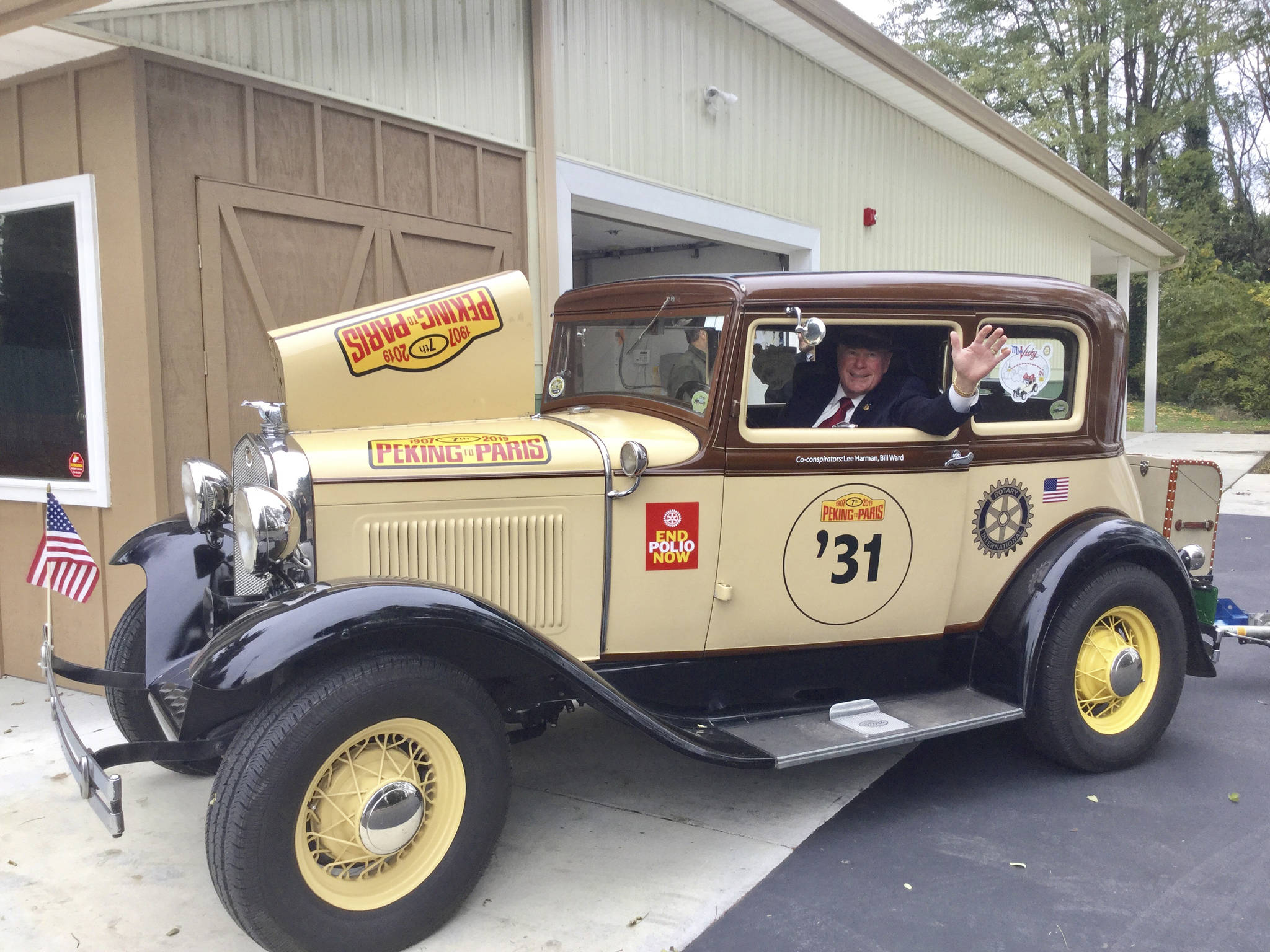 Arlington Rotarian Lee Harman will be driving “Miss Vicky,” a 1938 Model A Ford Victoria, in the 10,000-mile Peking to Paris Endurance Motor Challenge to raise $1 million toward eradicating polio.