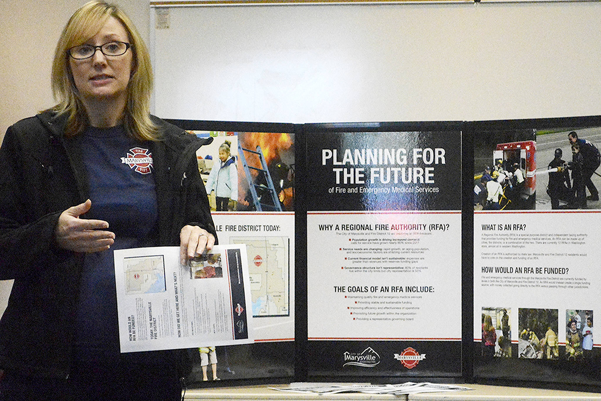 Christie Veley talks about the Regional Fire Authority proposal at a public meeting last week. Steve Powell/Staff Photo