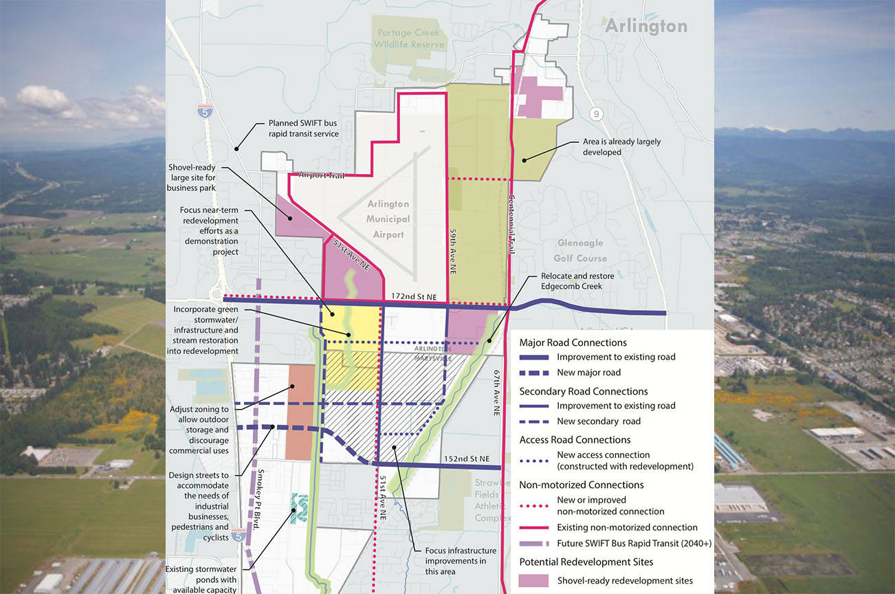 Map of future road connections and industrial land in the Arlington-Marysville Manufacturing Industrial Center (AMMIC) subarea plan, with portions in both cities and including Arlington Municipal Airport.