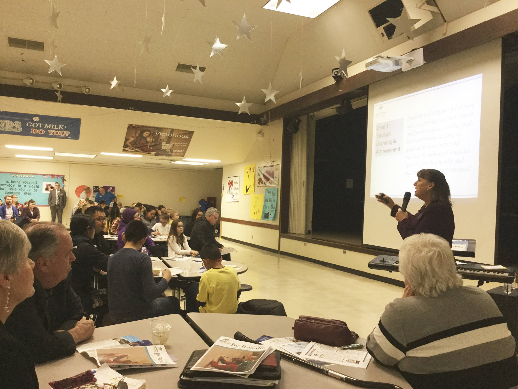 Arlington schools superintendent Chrys Sweeting presented her annual State of the District address to about 100 people at Post Middle School Thursday.