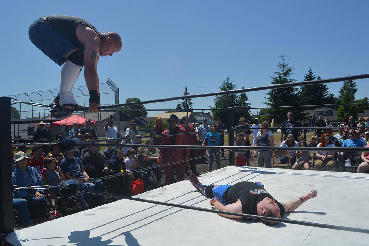 Climbing up on the ropes and jumping down on top of an opponent is still a favorite way to end in match in pro wrestling.