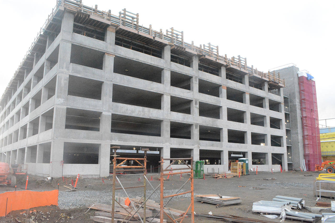 Steve Powell/Staff Photo                                 The parking garage at the new casino being built just off I-5 is one of the tallest structures in Marysville.