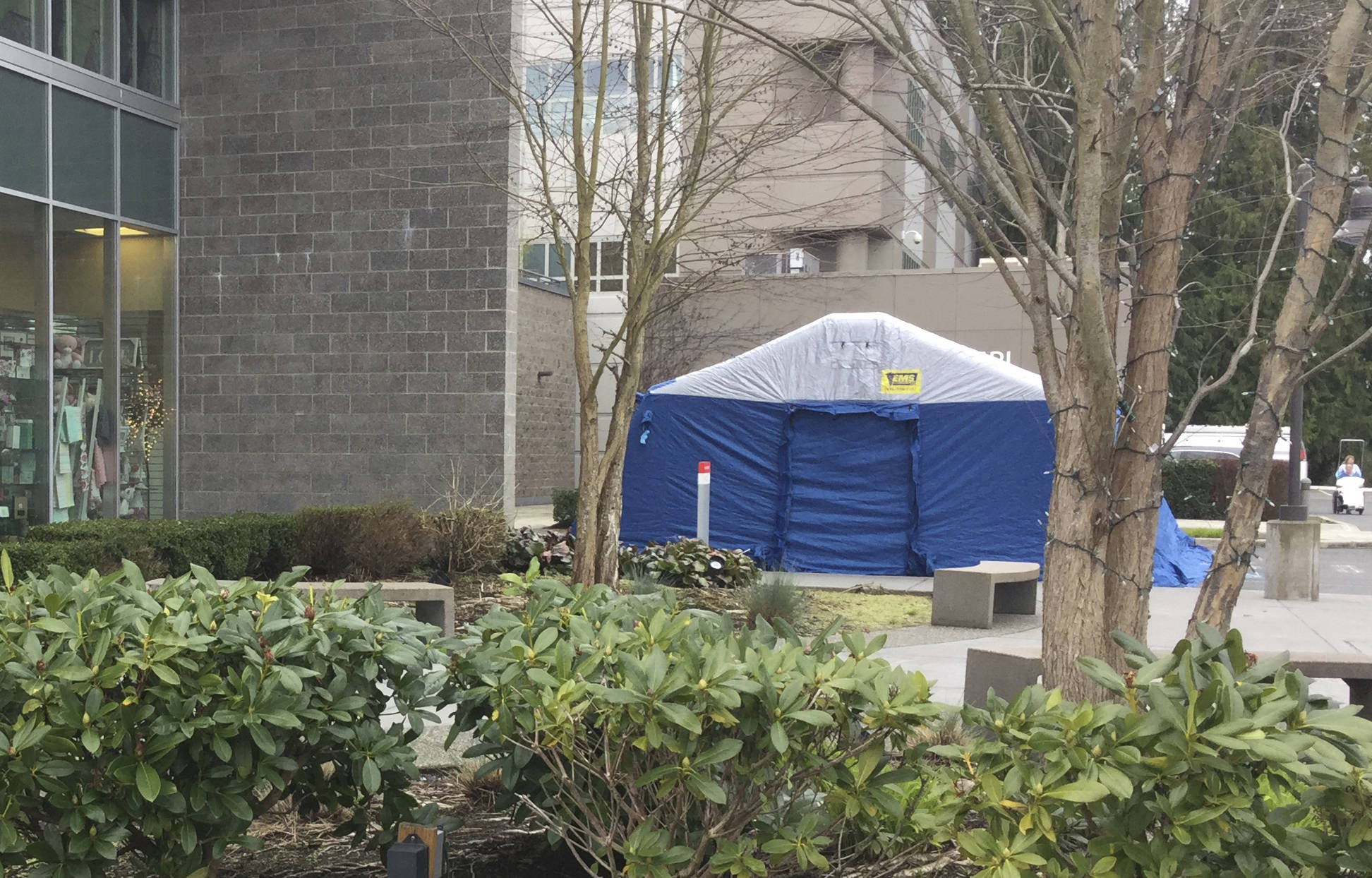 A tent is set up outside Cascade Valley Hospital in Arlington to screen people for symptoms of possible coronavirus before entering the hospital.