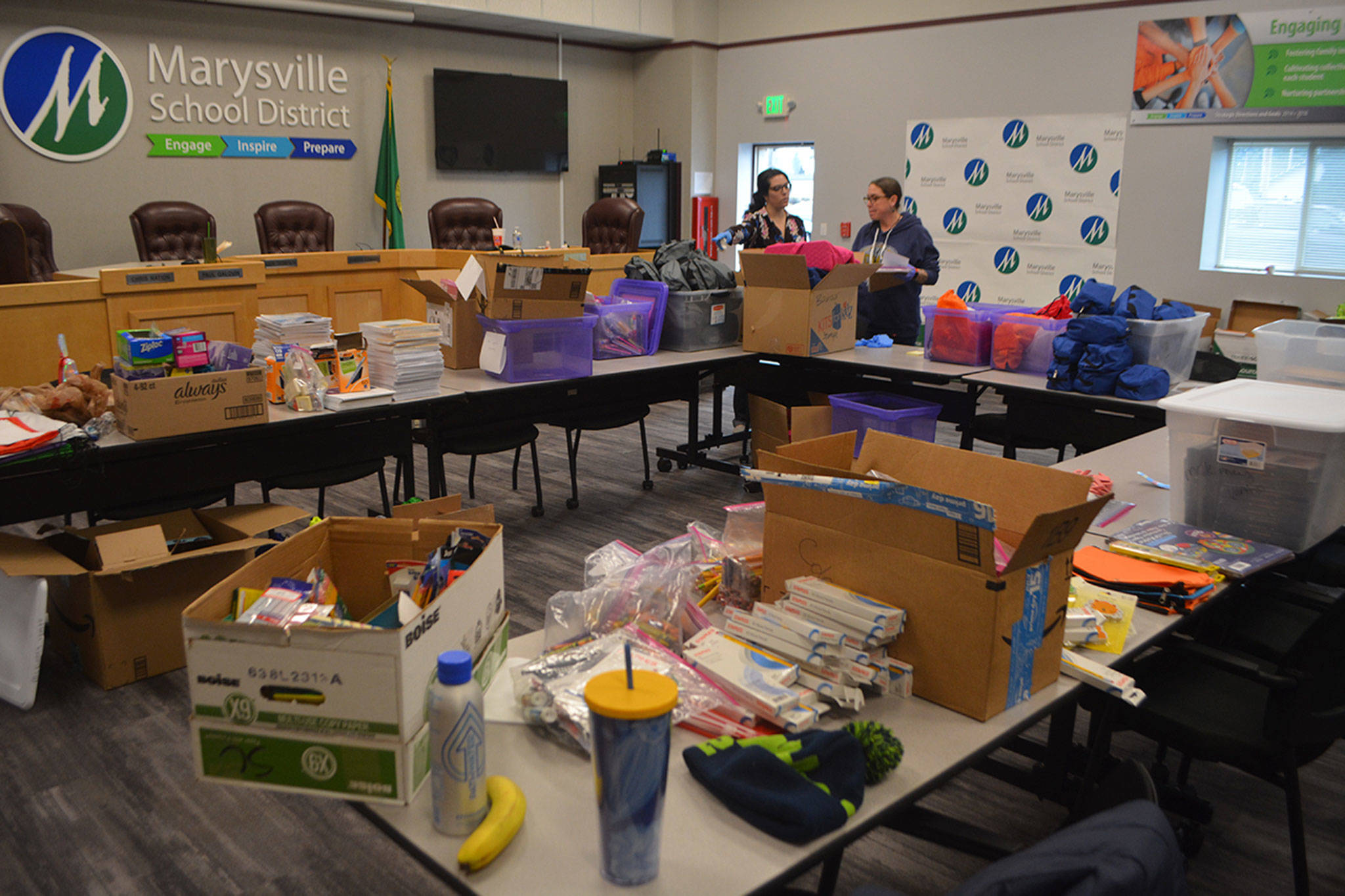 The district board room was packed with school supplies Saturday.