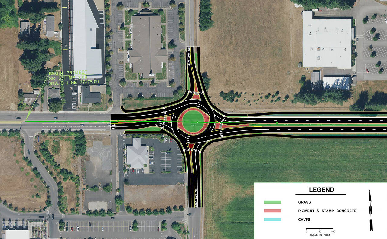 Conceptual design for the new roundabout that will be built at 43rd Ave. NE and Highway 531. Amazon is building this new roundabout in preparation for opening a new fulfillment center this summer. (City of Arlington)