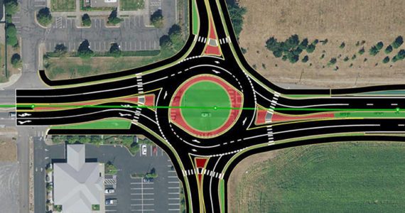 Conceptual design for the new roundabout that will be built at 43rd Ave. NE and Highway 531. Amazon is building this new roundabout in preparation for opening a new fulfillment center this summer. (City of Arlington)